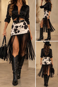 Cow Print Long Fringe Mini Skirt