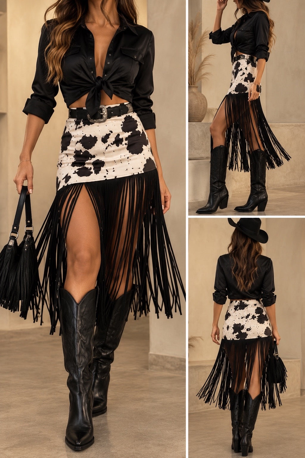Cow Print Long Fringe Mini Skirt