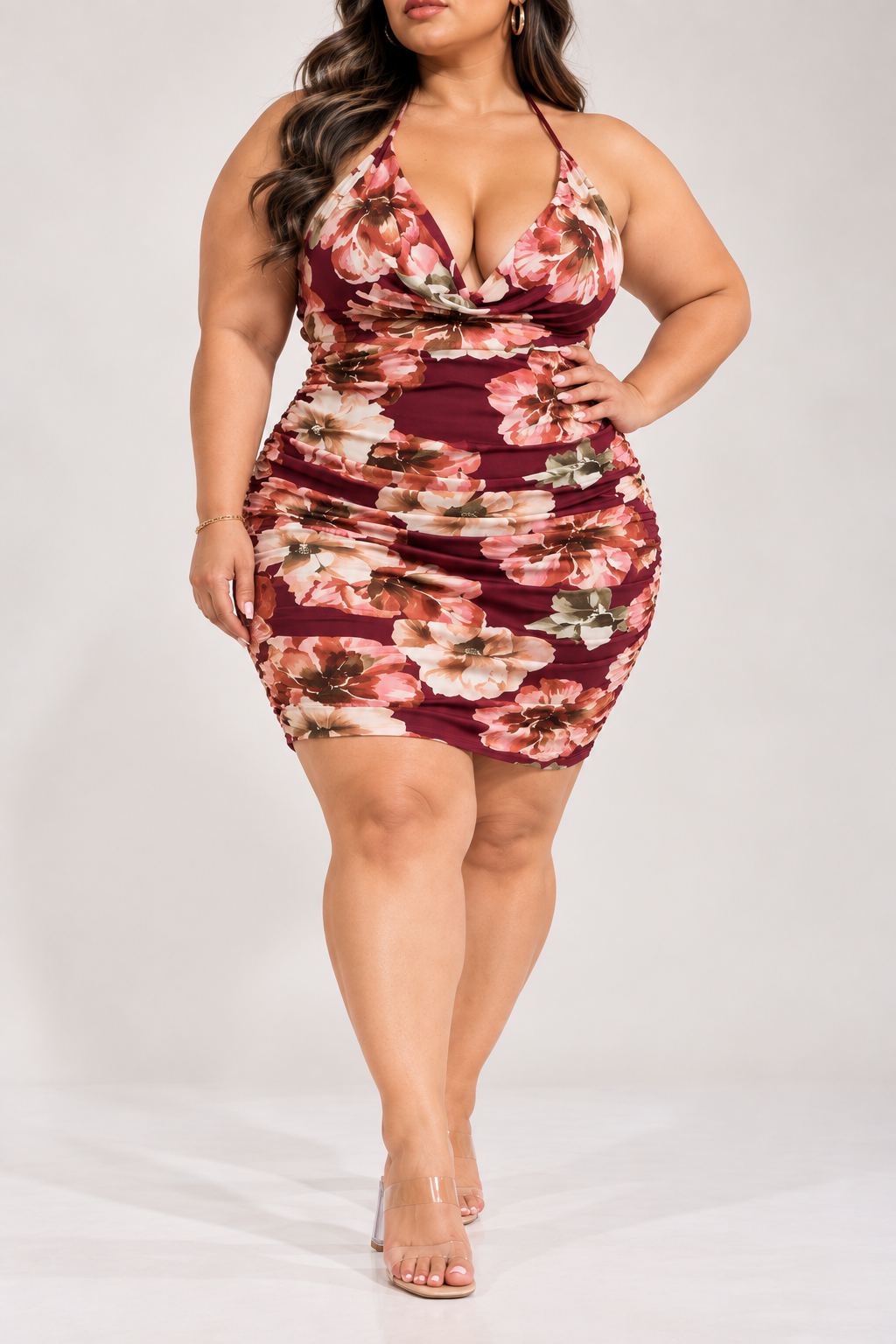 Burgundy Floral Mesh Halter Ruched Mini Dress – Plus Size