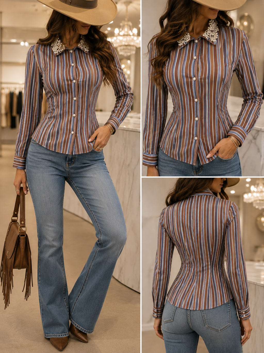 Rhinestone Collar Striped Button-Down Shirt
