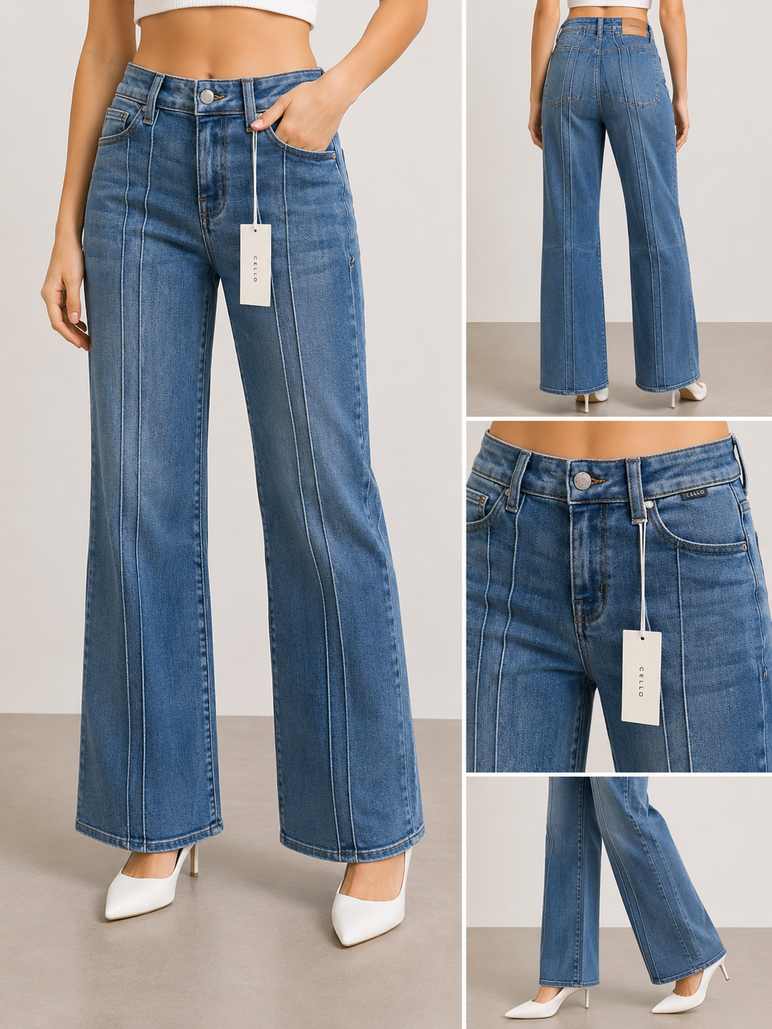Cello Mid Rise Flare Jeans with Pintuck Seam