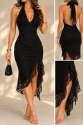 Midnight Romance Black Lace Halter Maxi Dress