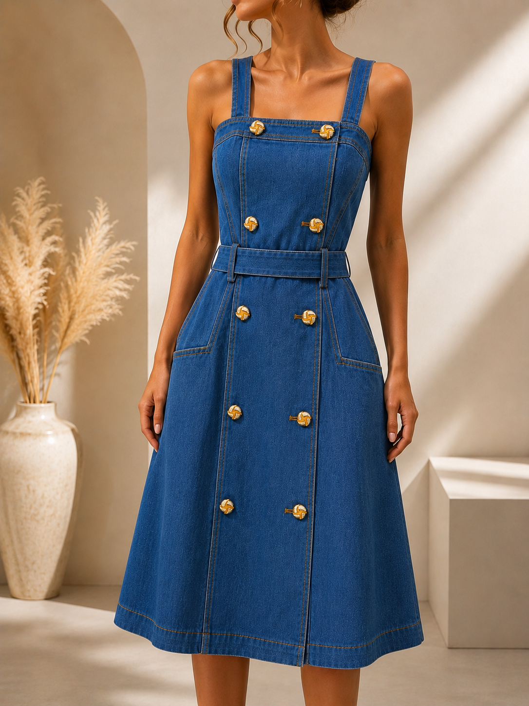Golden Button Denim Midi Dress