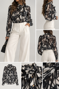 Black & Ivory Abstract Bow Blouse