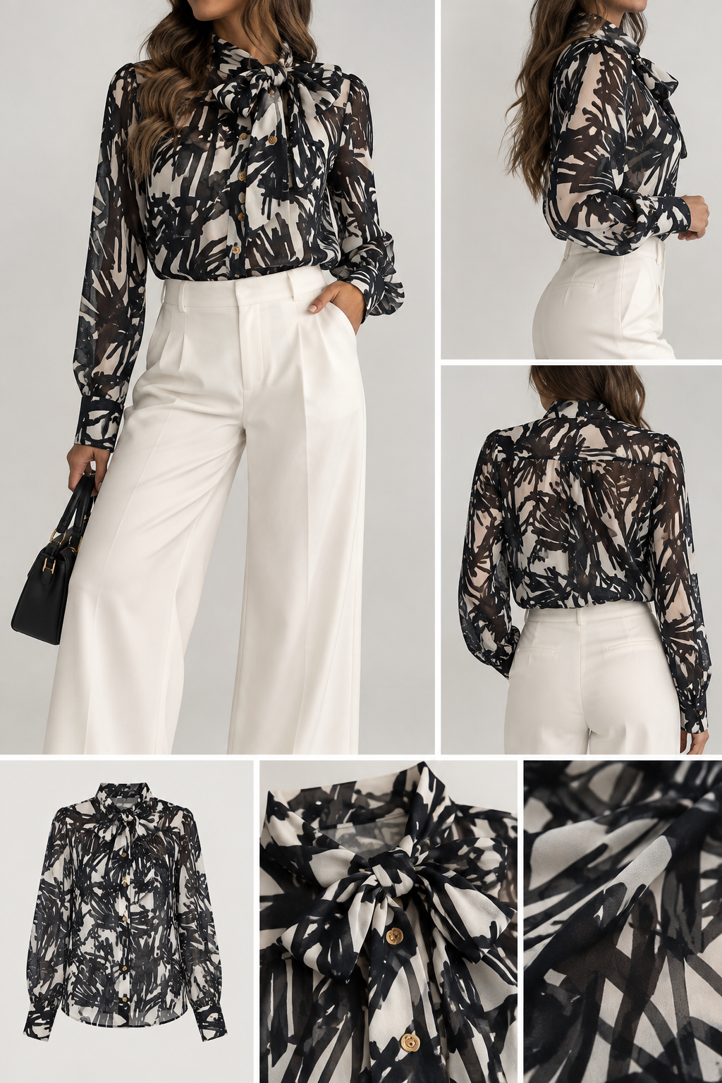 Black & Ivory Abstract Bow Blouse