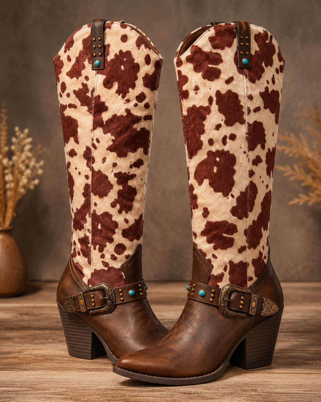 Cow Print Turquoise Western Boots