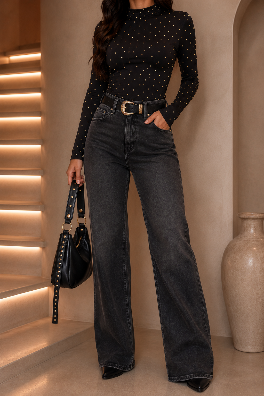 Midnight Sparkle Mesh Mock Neck Top