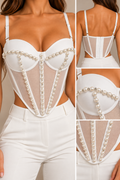 Pearl Embellished Mesh Corset Top