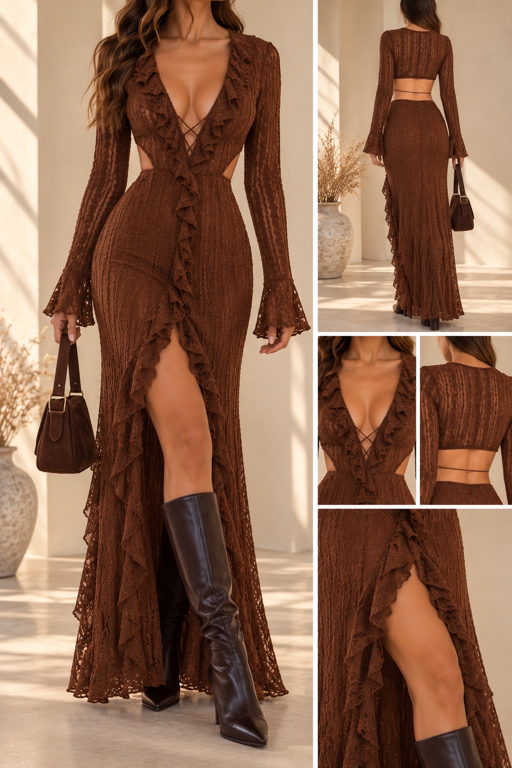Lace Ruffle Cutout Maxi Dress