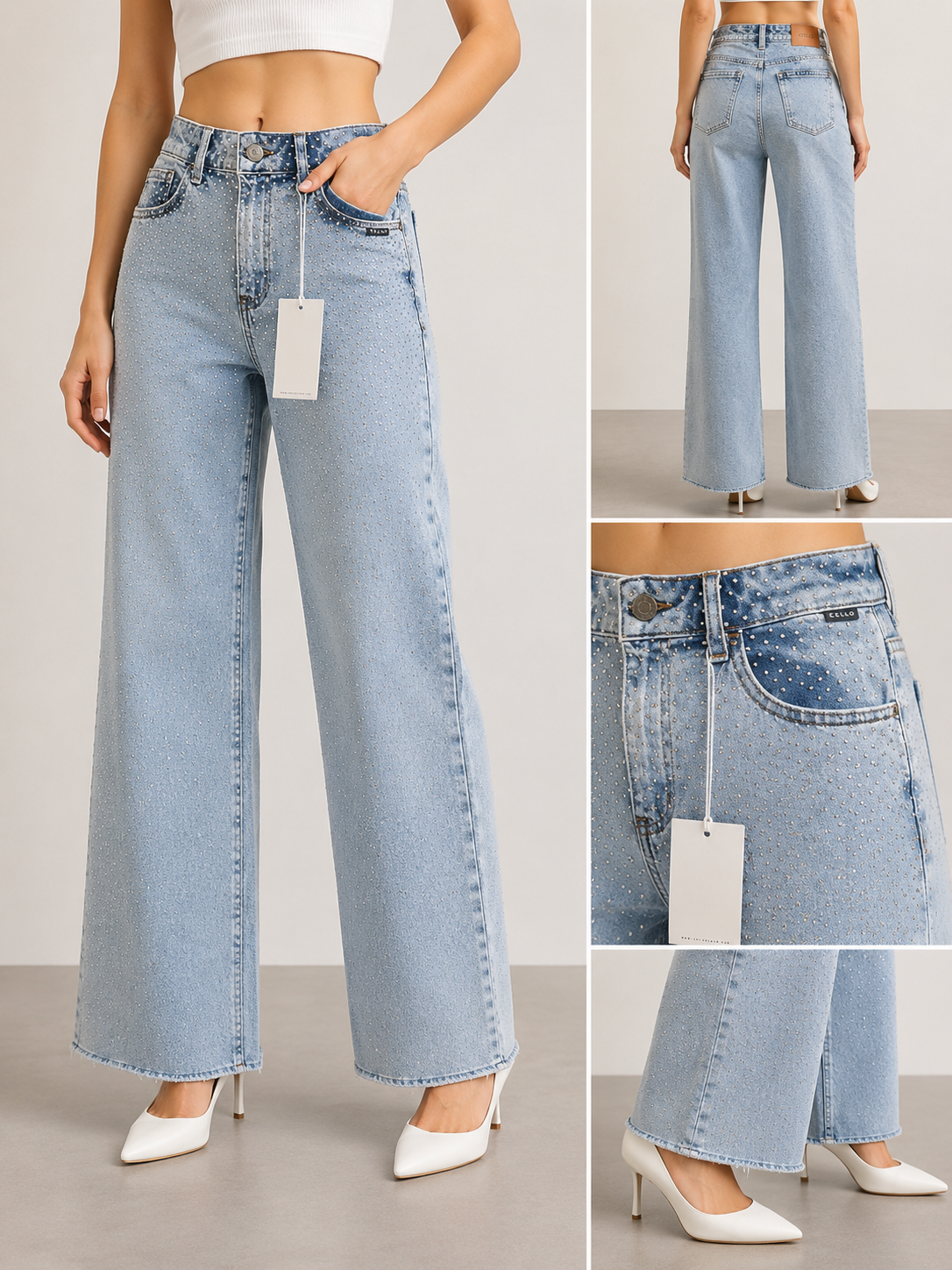 Cello Rhinestone Wide Leg Jeans – Light Wash