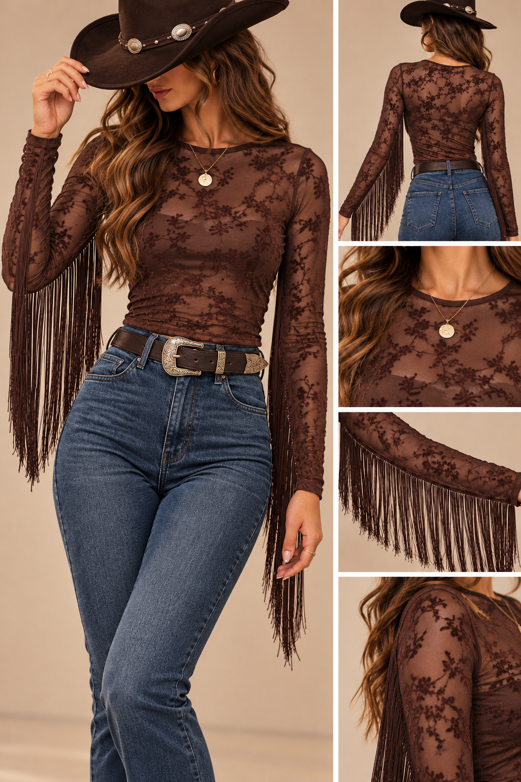 Black Fringe Mesh Long Sleeve Top