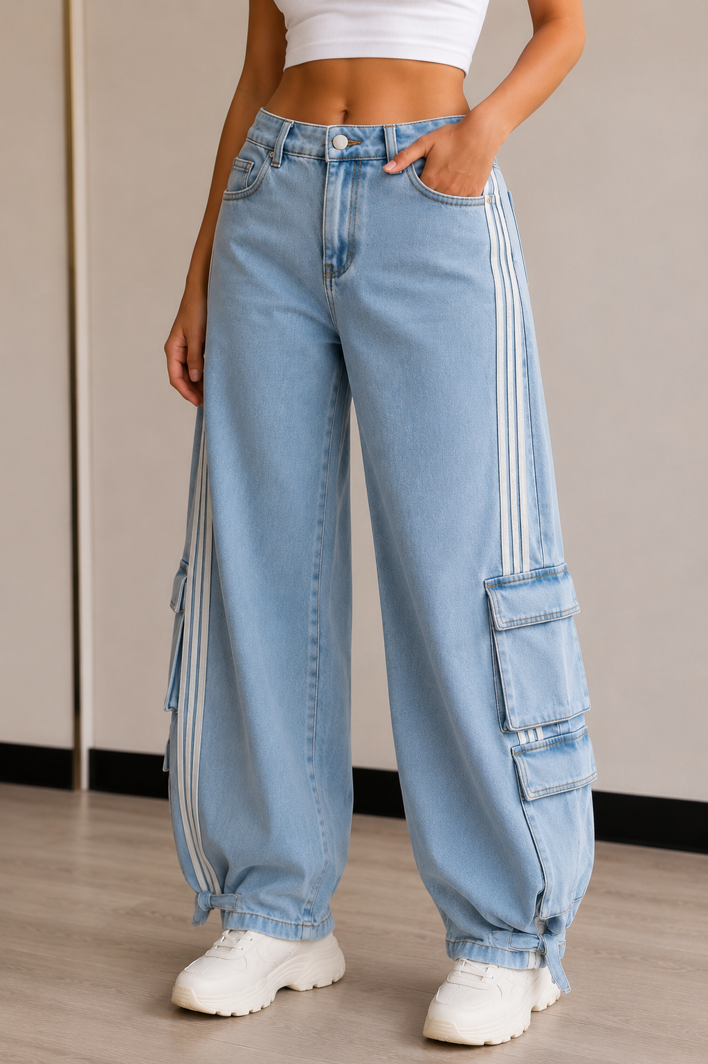 Light Wash Striped Cargo Denim Jeans