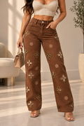 Cognac Floral Embellished Wide Leg Jeans