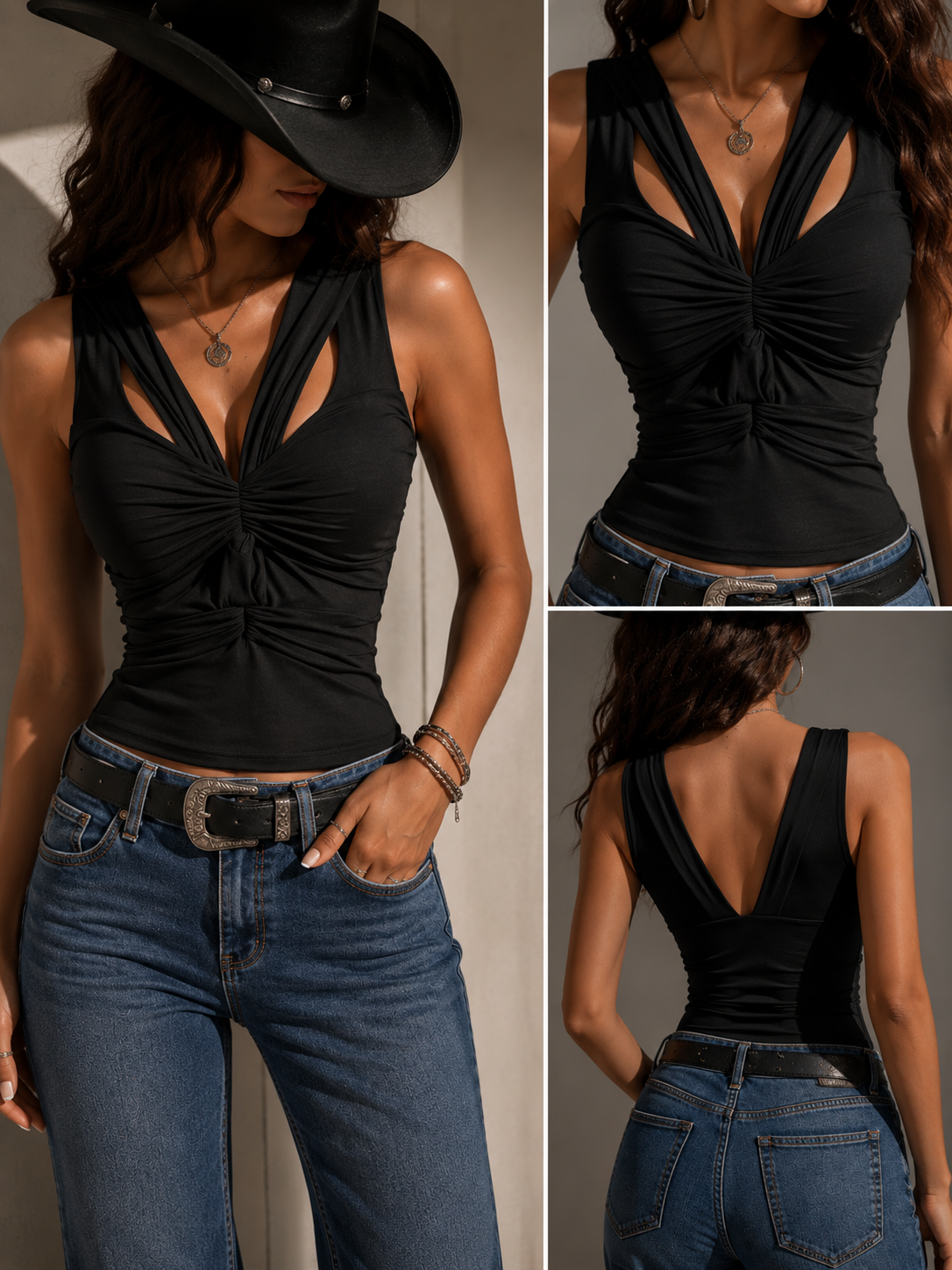 Ruched Cutout Deep V-Neck Top