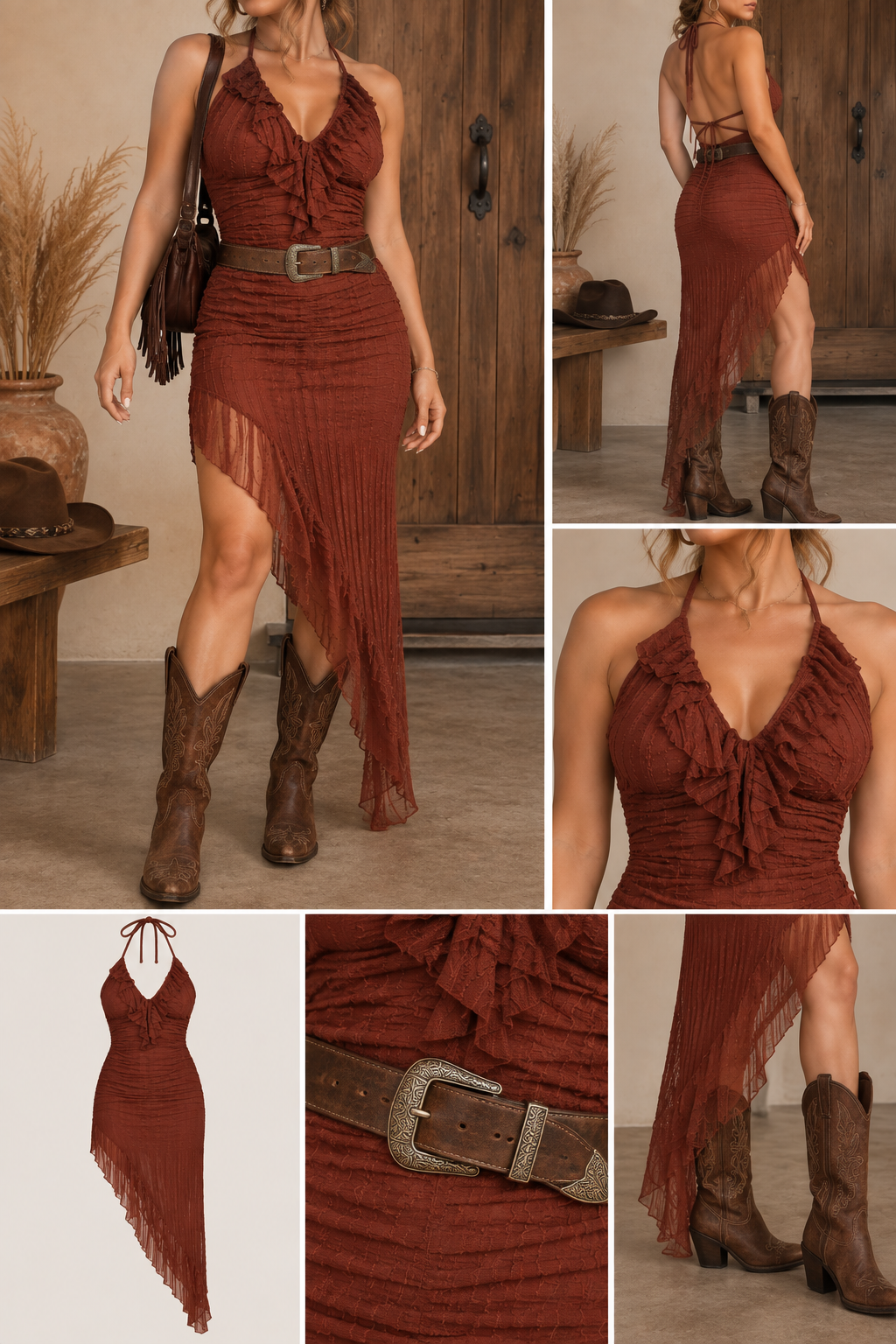 Rust Lace Asymmetrical Halter Dress
