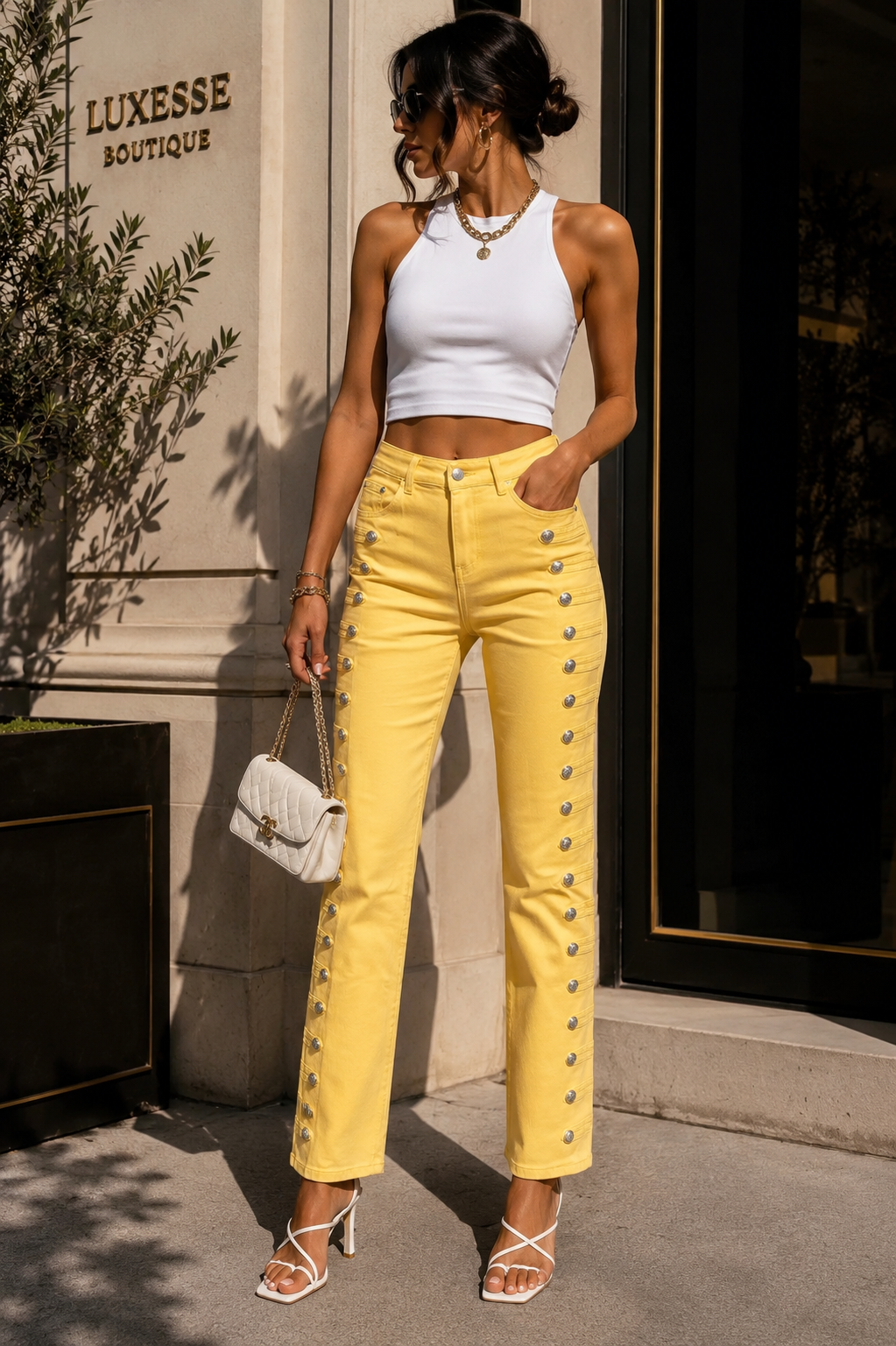 Military Button Trim Barrel Leg Denim Jeans – Butter Yellow