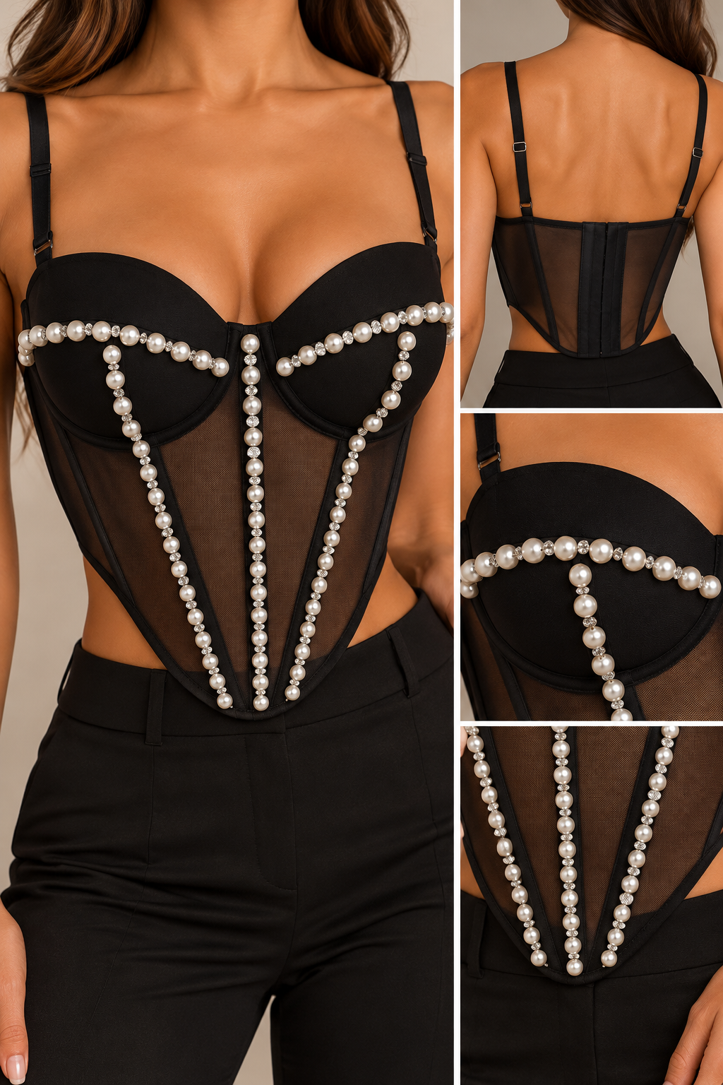 Pearl Embellished Mesh Corset Top