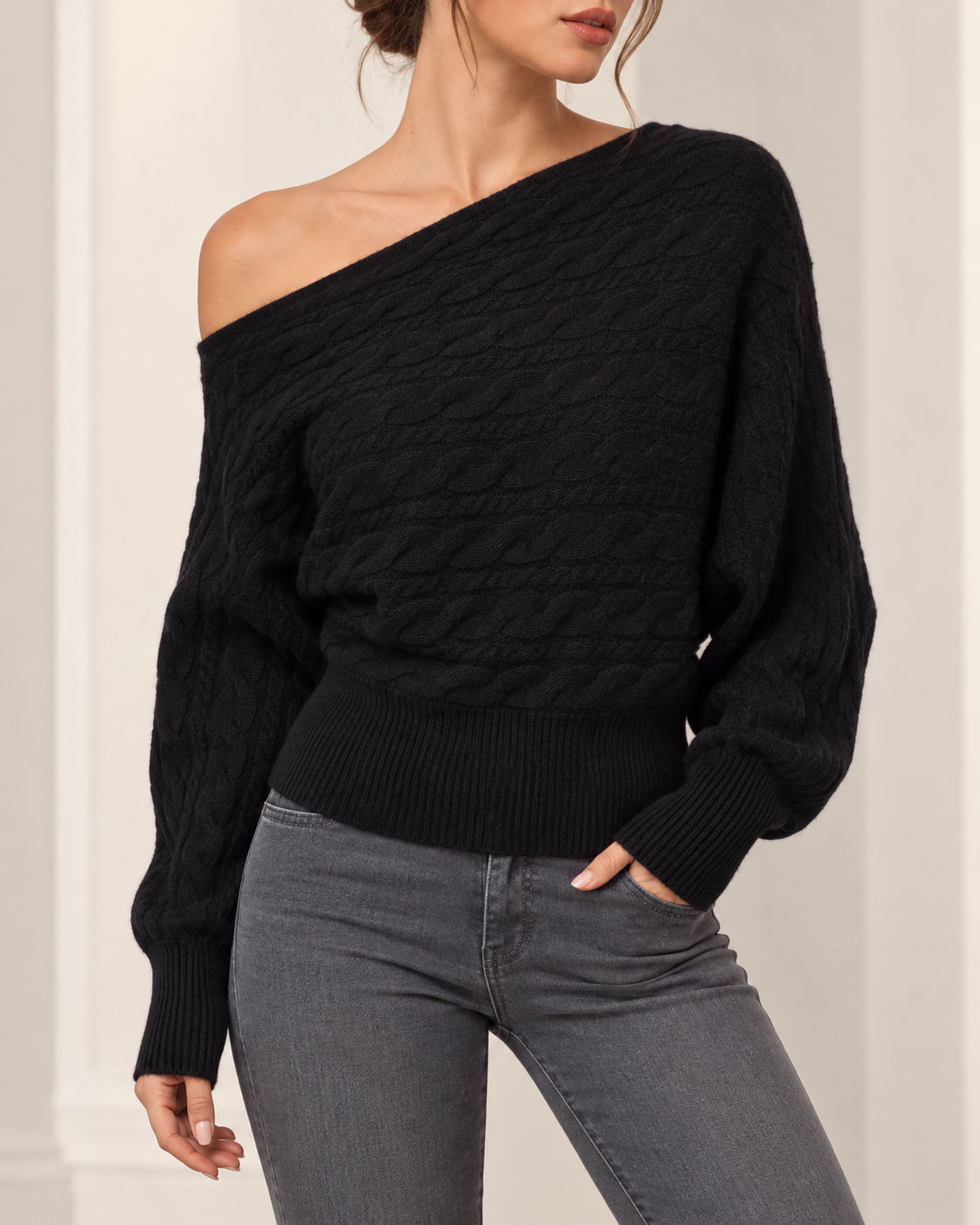 Elegant Asymmetric Cable Knit Off-Shoulder Sweater