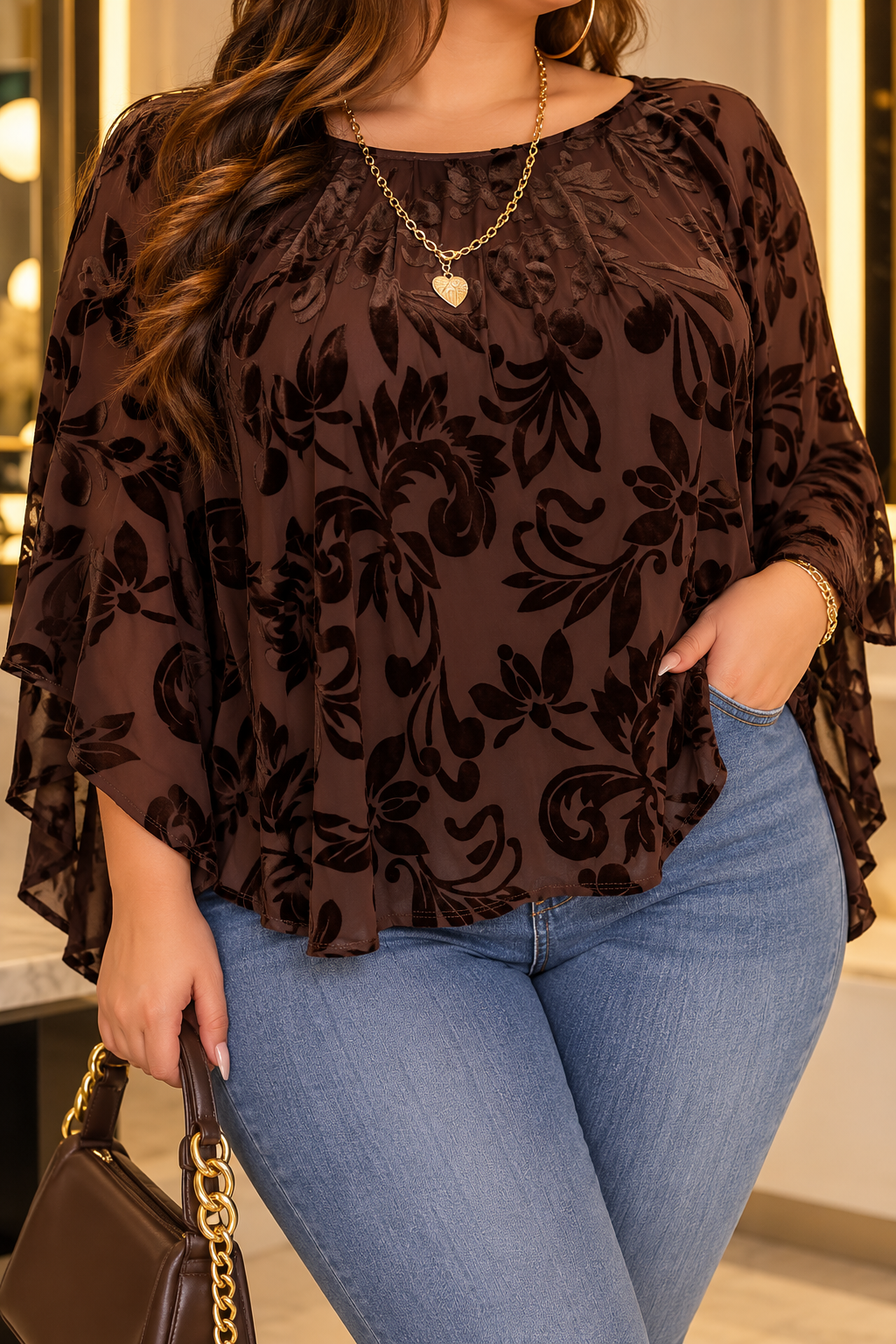 Velvet Flocked Mesh Poncho Top – Plus Size