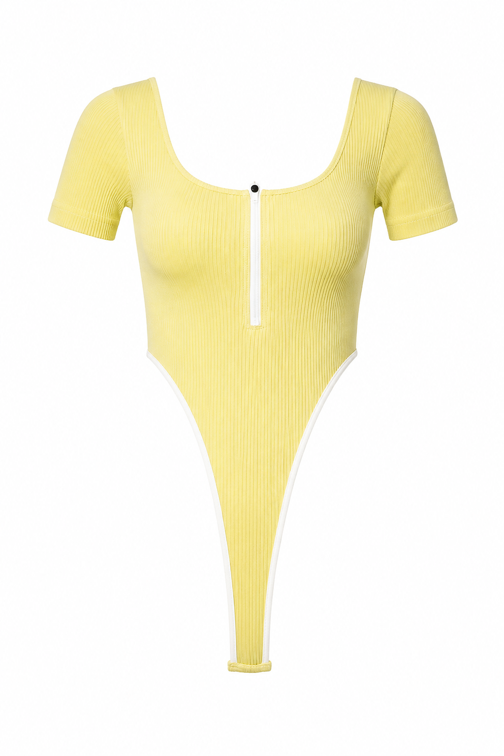 Ribbed Square Neck Zip-Up Contrast Binding Short Sleeve Bodysuit