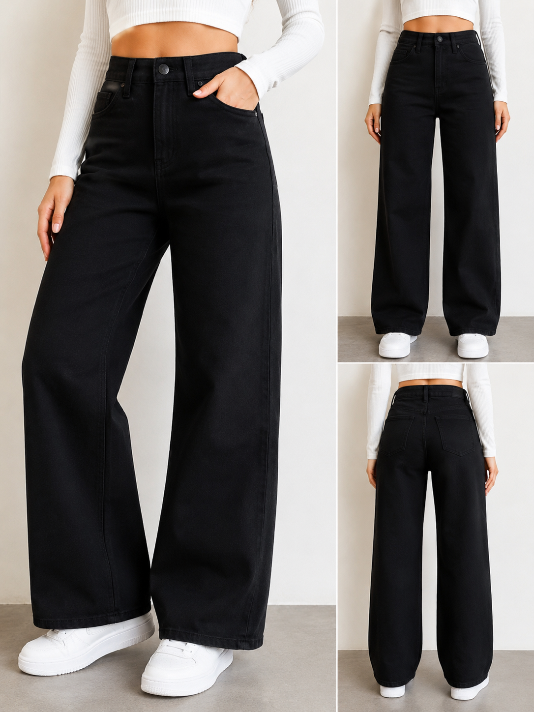 Cello Black Wide Leg Jeans with Frayed Vertical Detail