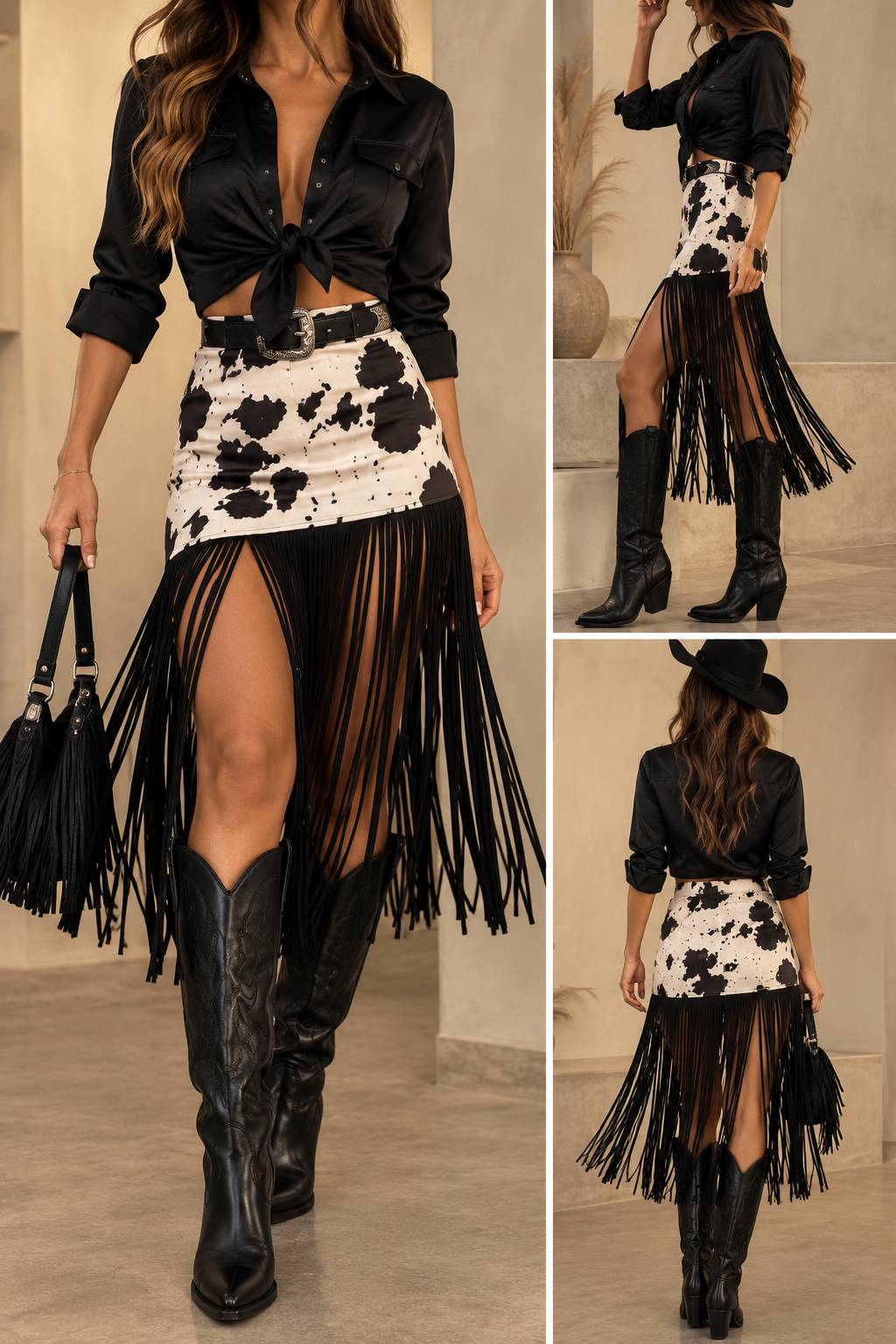 Cow Print Long Fringe Mini Skirt