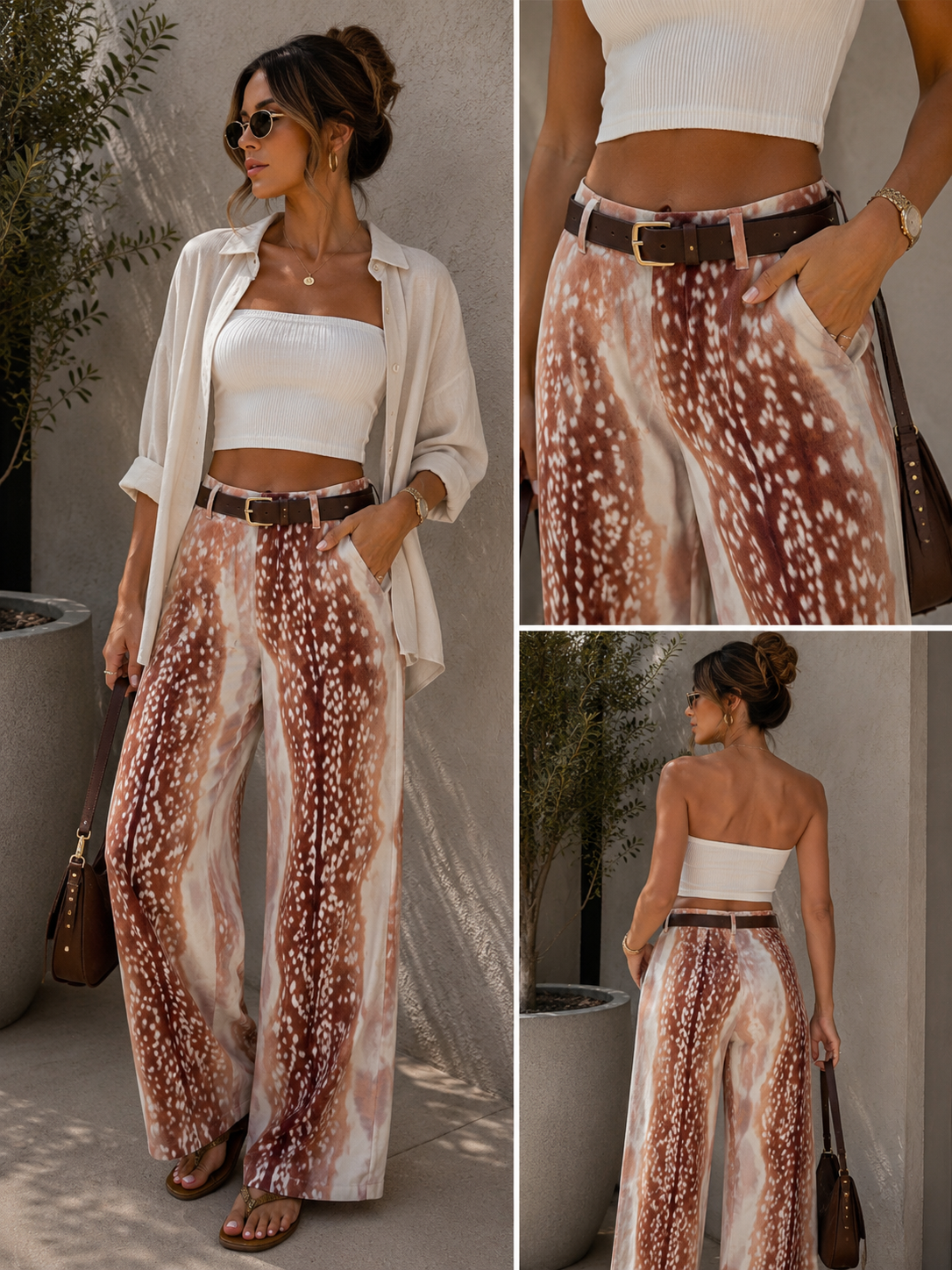 Bambi Print Belted Palazzo Pants