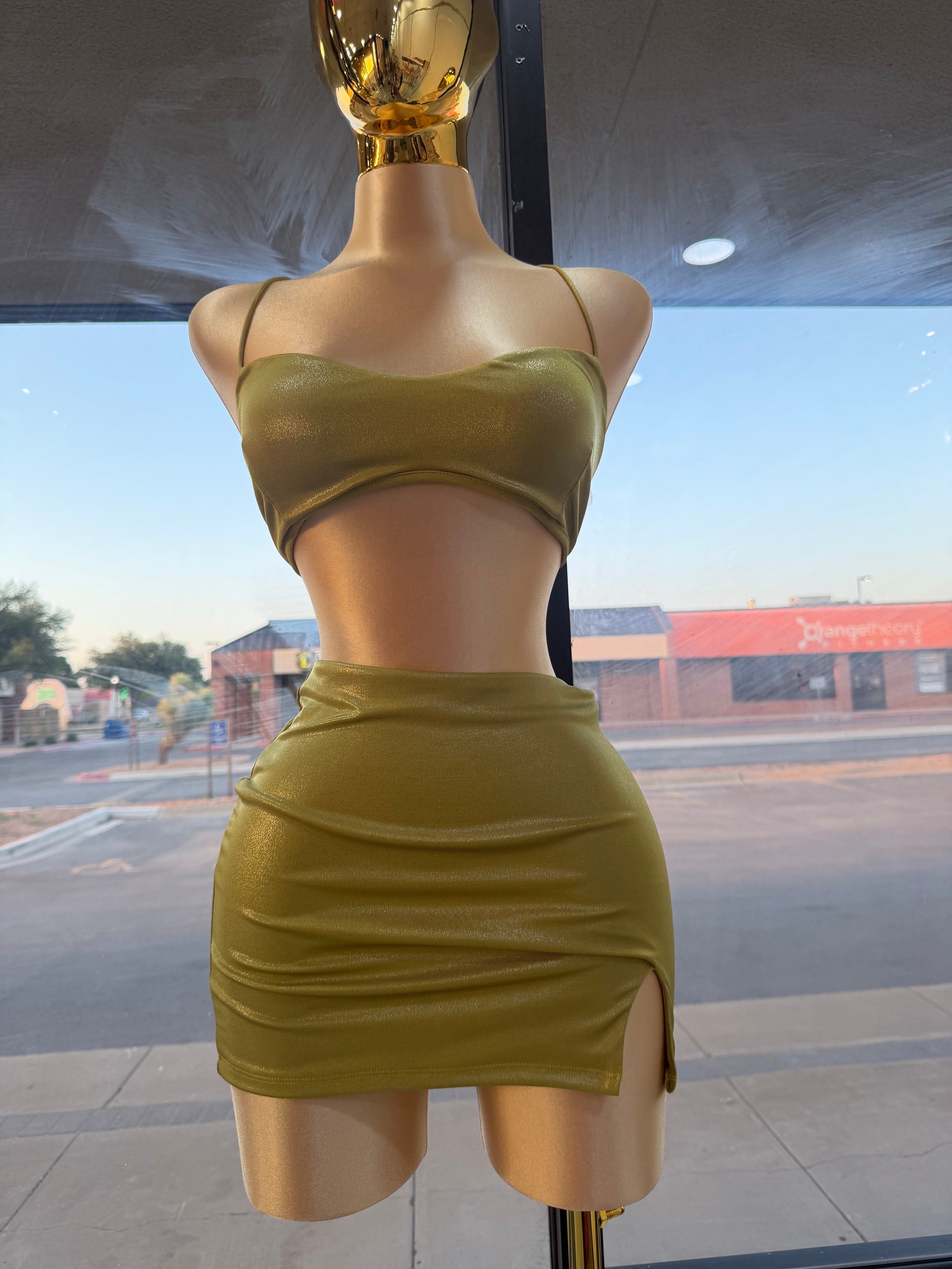 Lime Metallic Skirt Set