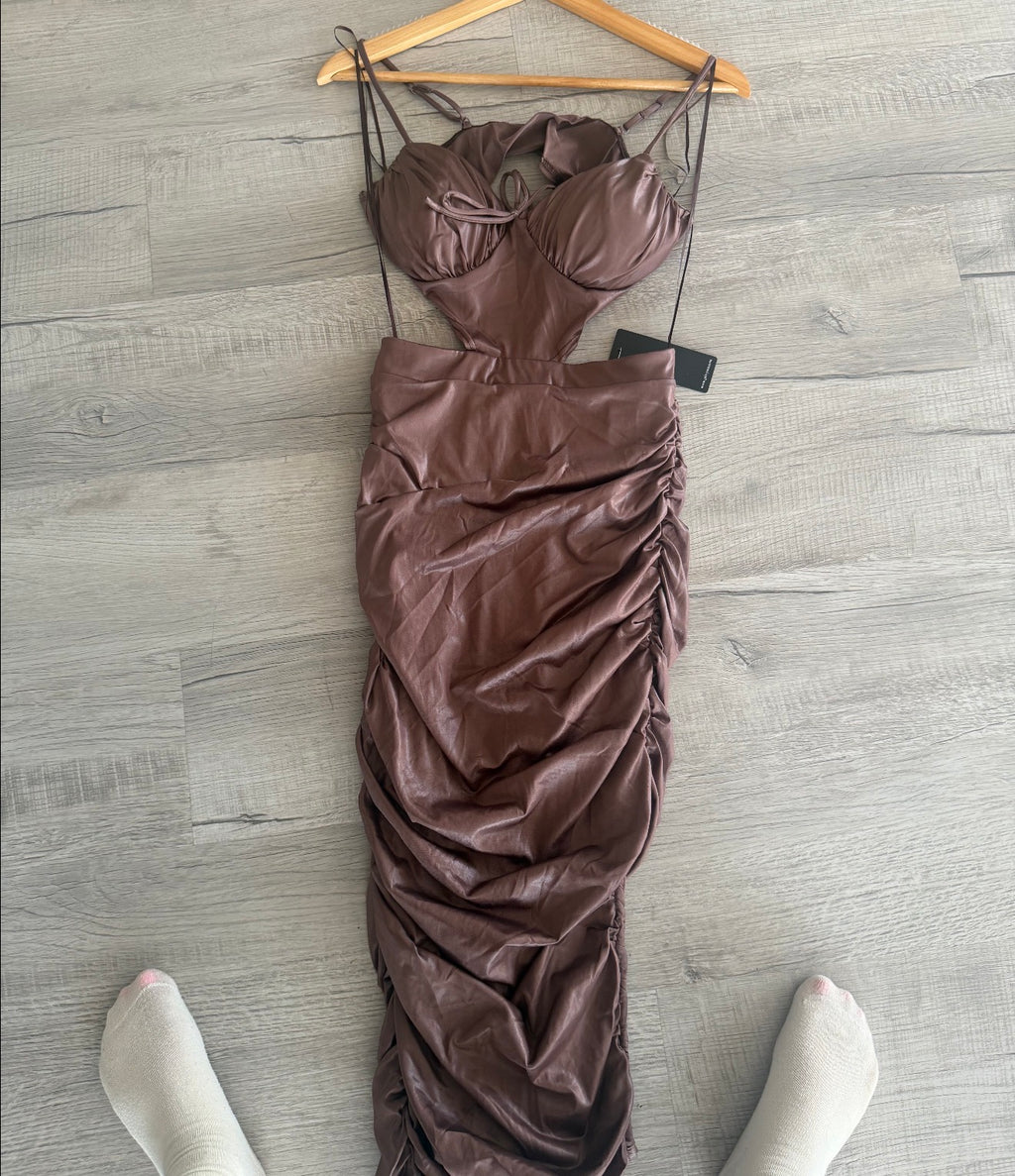 Mocha Mousse Faux Leather Ruched Cutout Midi Dress