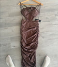 Mocha Mousse Faux Leather Ruched Cutout Midi Dress