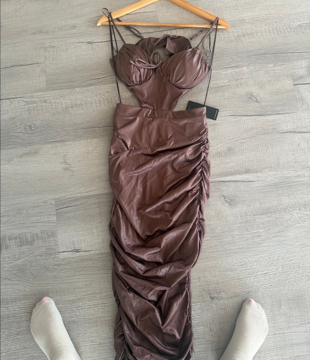 Mocha Mousse Faux Leather Ruched Cutout Midi Dress