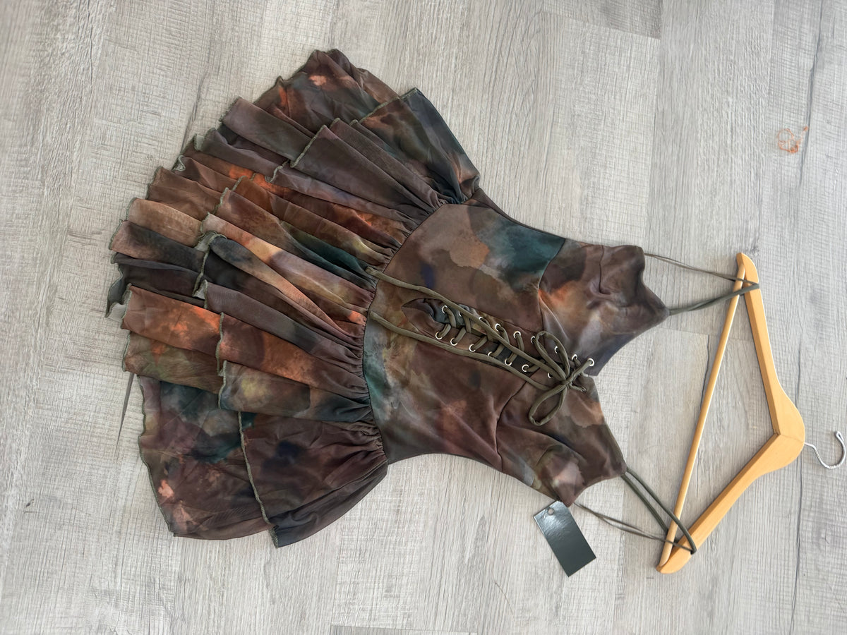 Olive Watercolor Lace-Up Ruffle Mini Dress