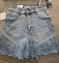 Crystal Embellished Floral Hem Denim Shorts
