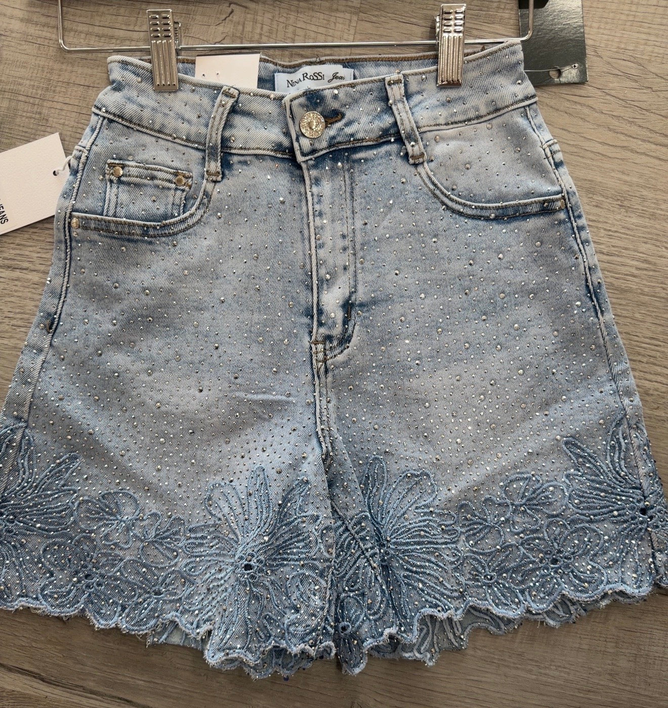 Crystal Embellished Floral Hem Denim Shorts