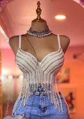 White Rhinestone Fringe Cropped Vest