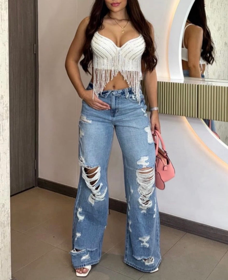 White Rhinestone Fringe Cropped Vest