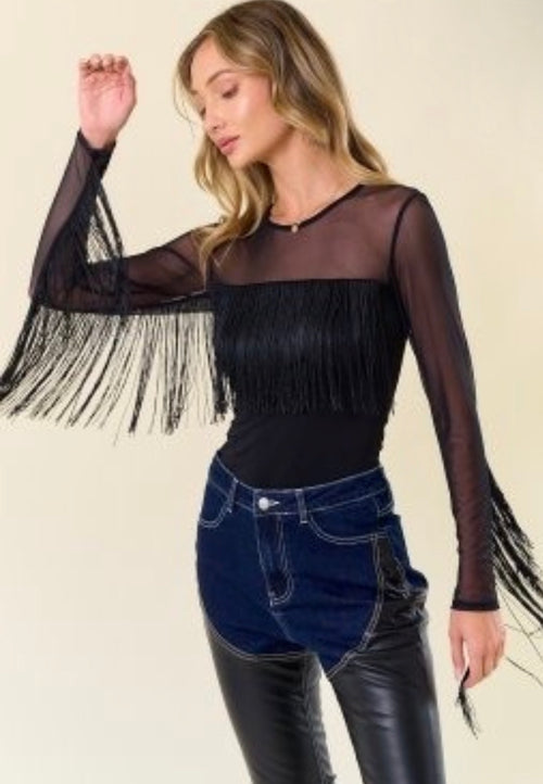 Black Fringe Mesh Long Sleeve Top