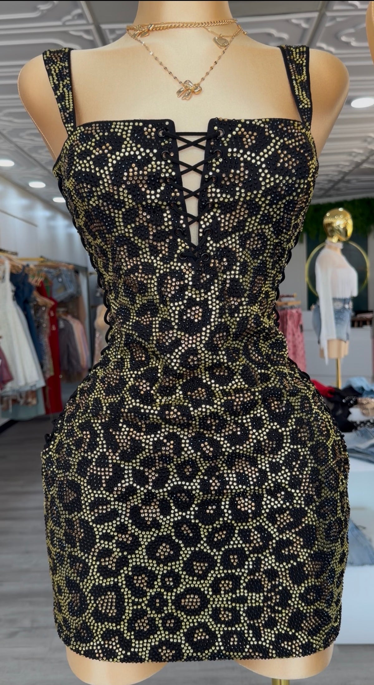 Gold Leopard Lace-Up Mini Dress