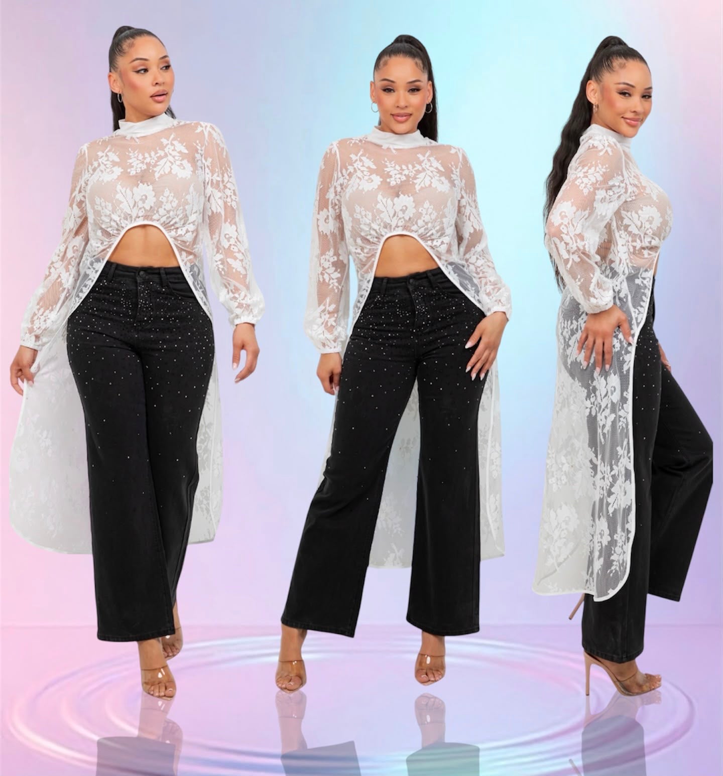 White Floral Lace High-Low Mesh Tunic Top