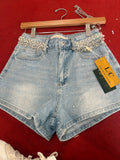 Crystal Chain Denim Shorts