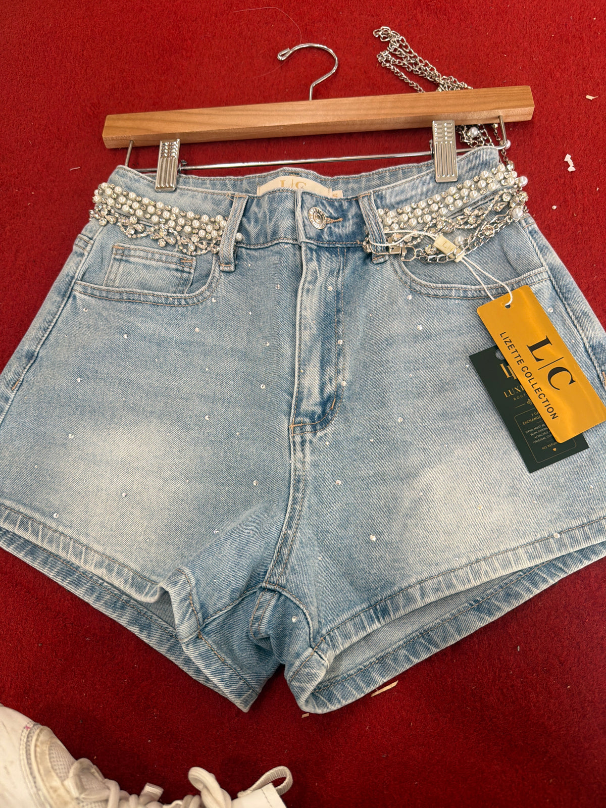 Crystal Chain Denim Shorts